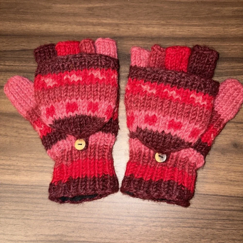 Made In Nepal Wool Fleece Lined Fingerless Gloves Convertible Mittens Red Pink